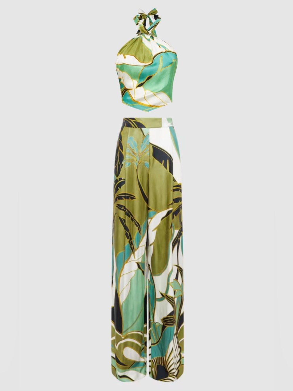 Reiss Set Luna Satin Wide Leg Mid Rise Printed Trousers and Halter Neck Tie Top